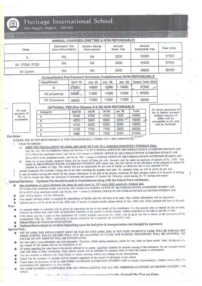 HERITAGE - FEE STRUCTURE X XII 2025-26