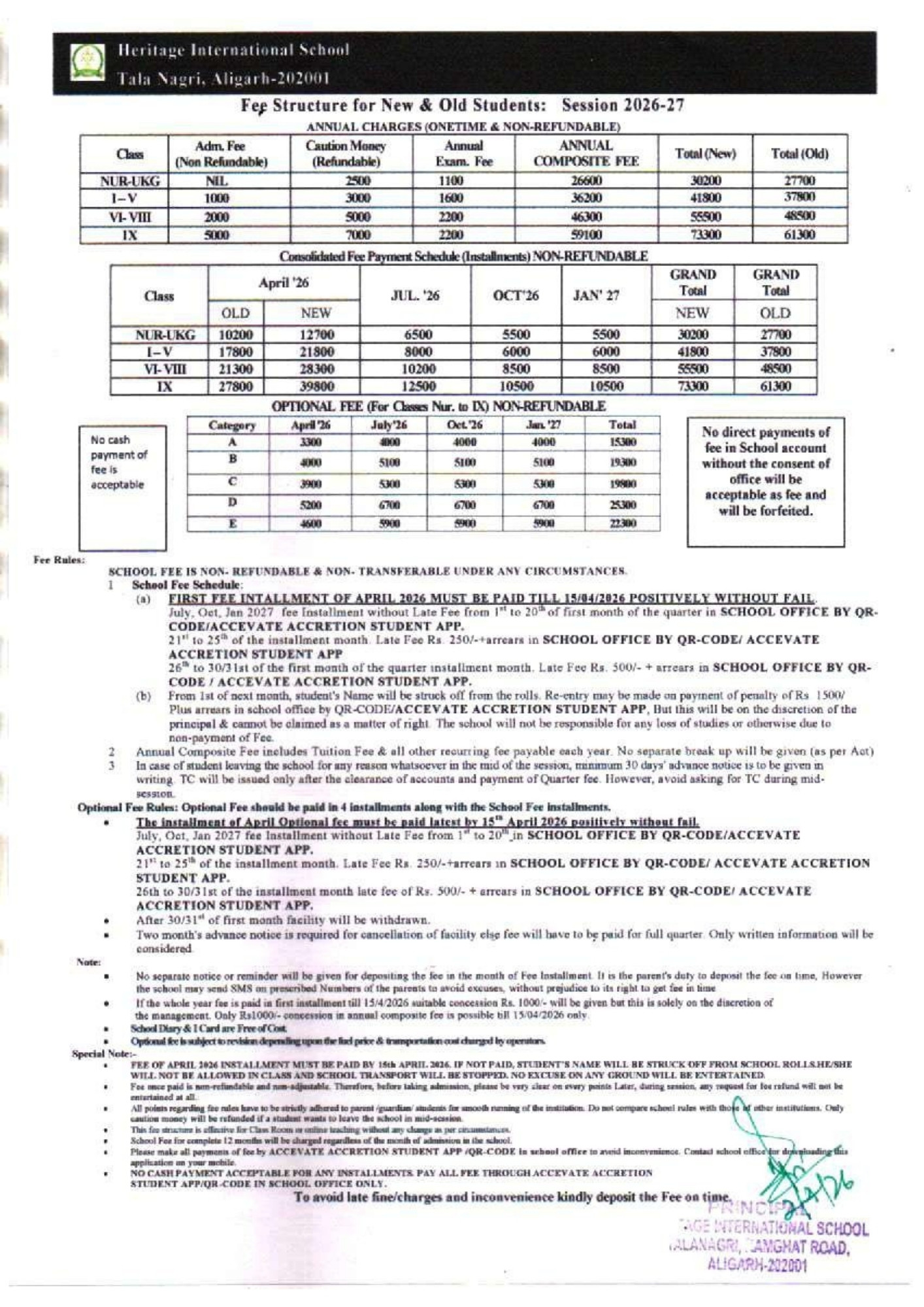 HIS - Fees Structure Tala Nagari Aligarh 202001