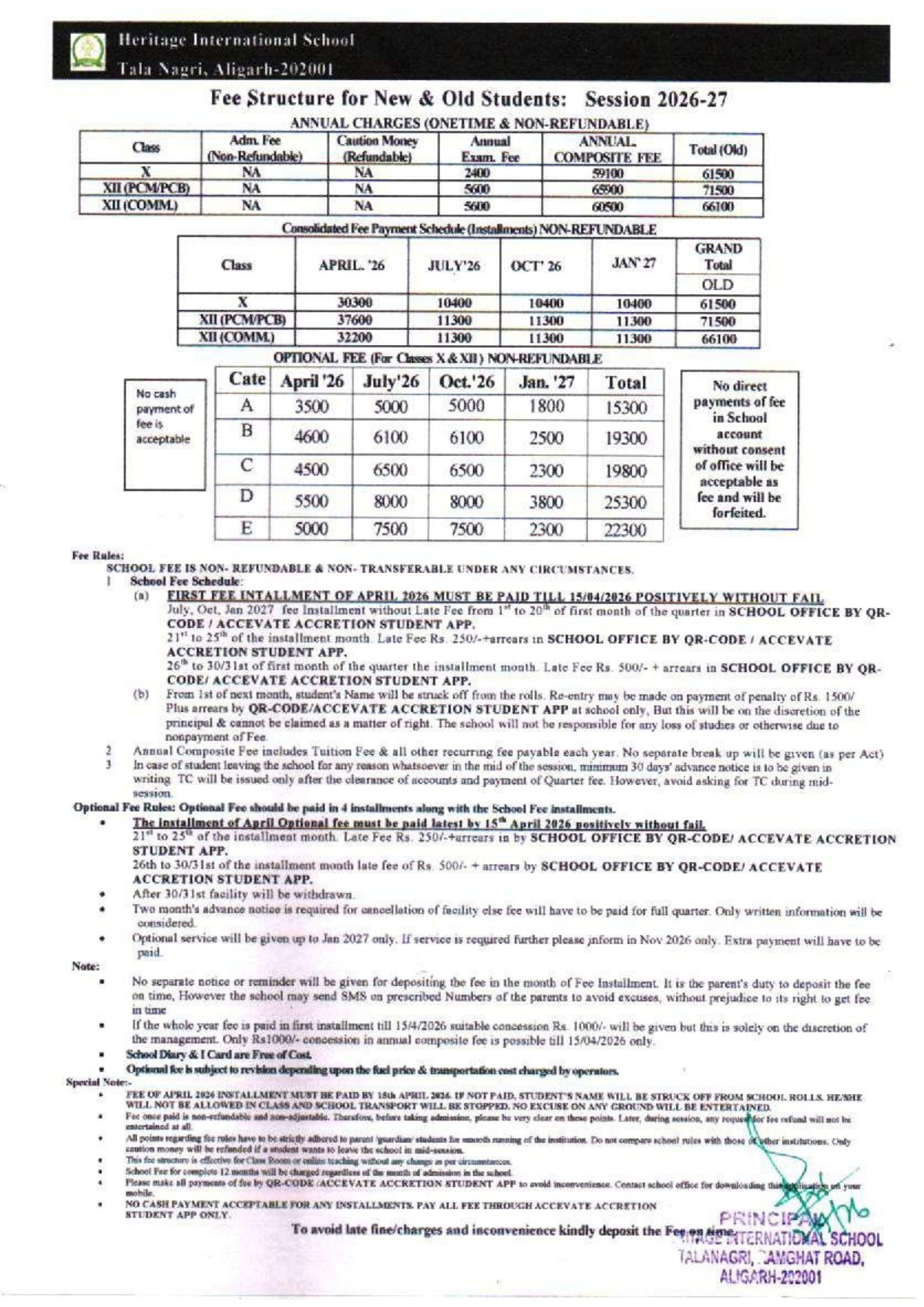 HIS - Fees Structure Tala Nagari Aligarh 202001