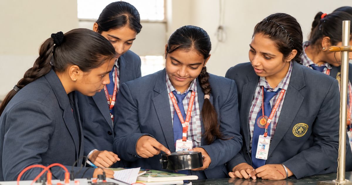 Group of female students in school uniforms collaborate around a science lab table, examining a small pot together by a notebook and equipment.